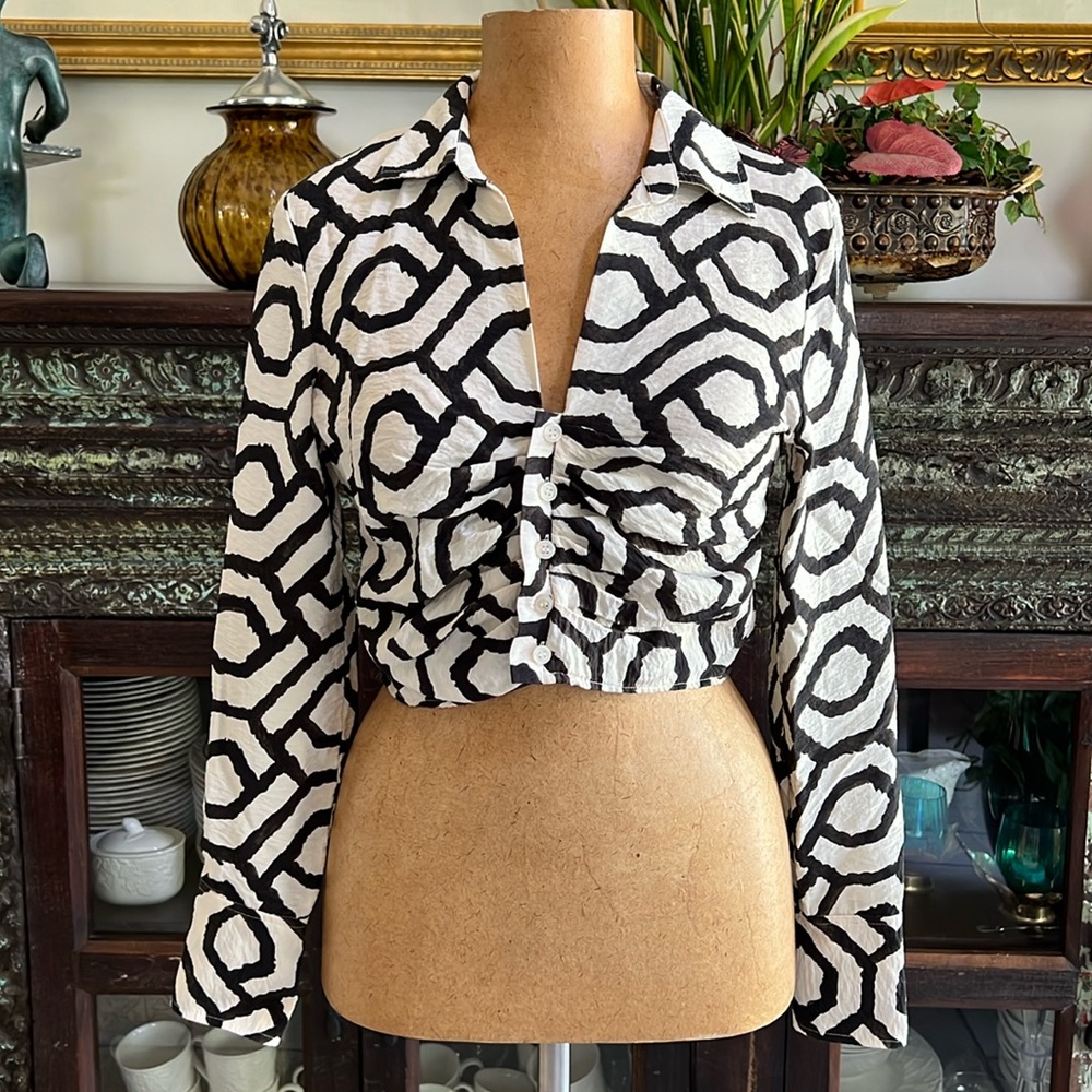 H&M Cropped Button Down Print Blouse